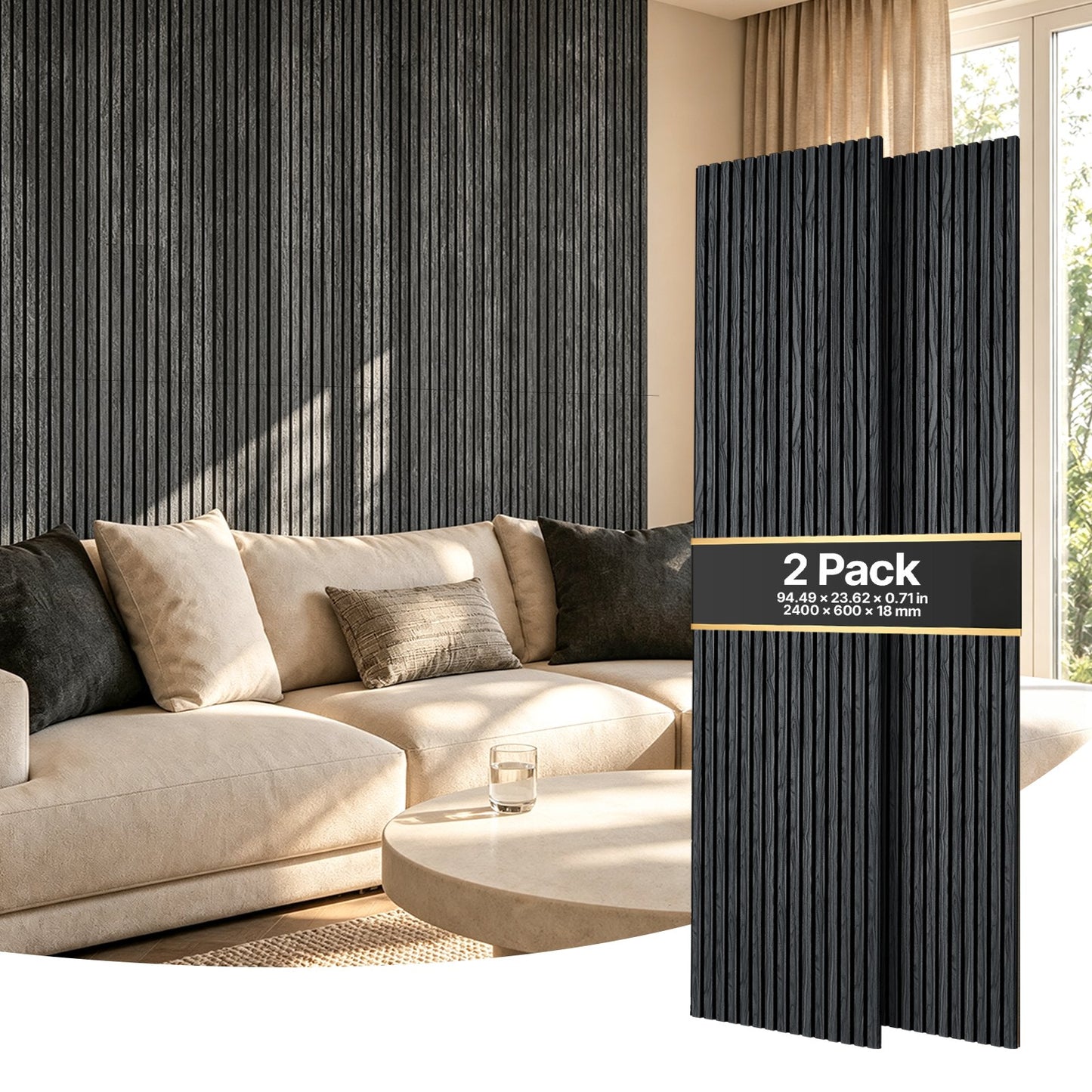 Wood Wall Panels, 2400 x 600 mm, Acoustic Slat Panels, Black Oak, Sound Absorbing for Living Rooms, Bedrooms, Offices, Studios, Interior Wall Decor, MDF & PET Construction, Screw Kit, 2-Pack