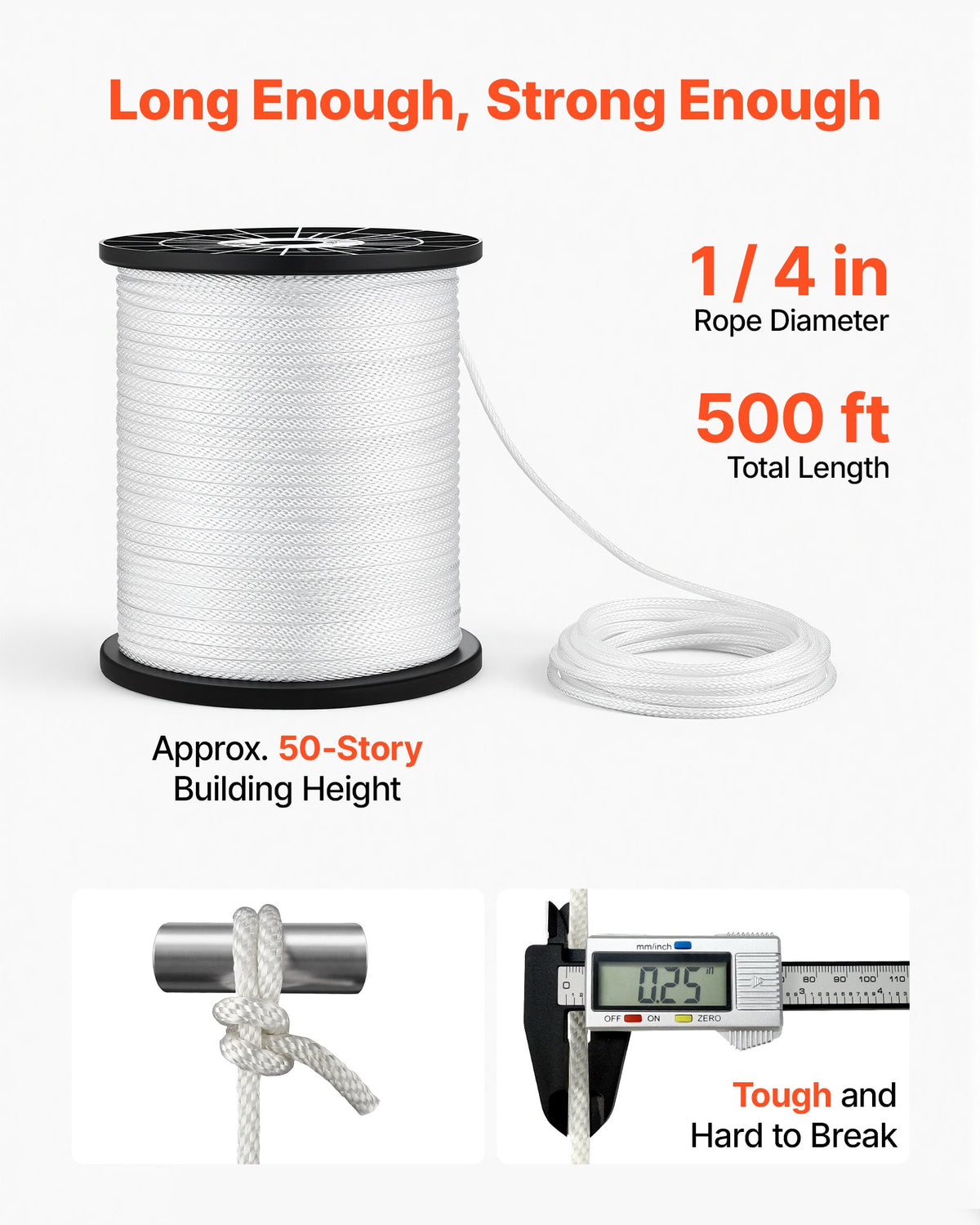 Polyester Rope 6.4 mm x 152 m Solid Braid Marine Utility Rope White, for Outdoor Boat Docking, 522 kg Breaking Strength, Heavy Duty Low Stretch Sun-Resistant Industrial Cord, Smooth Surface