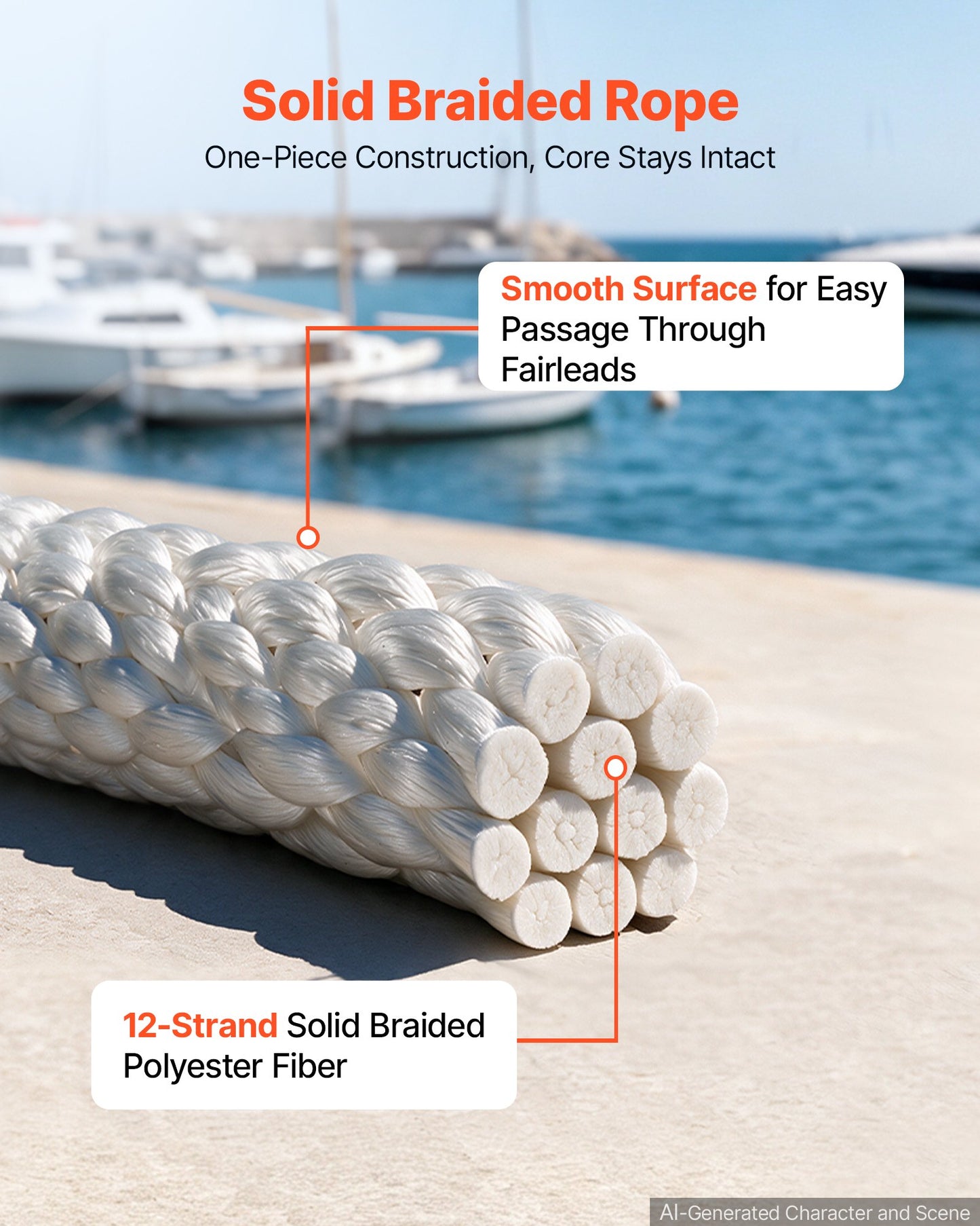 Polyester Rope 6.4 mm x 152 m Solid Braid Marine Utility Rope White, for Outdoor Boat Docking, 522 kg Breaking Strength, Heavy Duty Low Stretch Sun-Resistant Industrial Cord, Smooth Surface