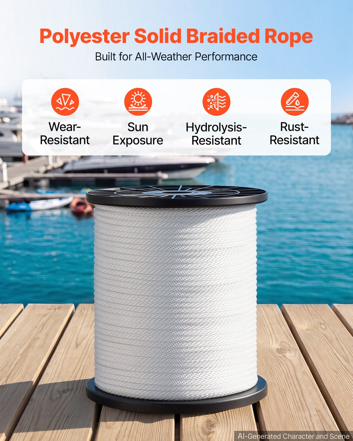 Polyester Rope 6.4 mm x 152 m Solid Braid Marine Utility Rope White, for Outdoor Boat Docking, 522 kg Breaking Strength, Heavy Duty Low Stretch Sun-Resistant Industrial Cord, Smooth Surface