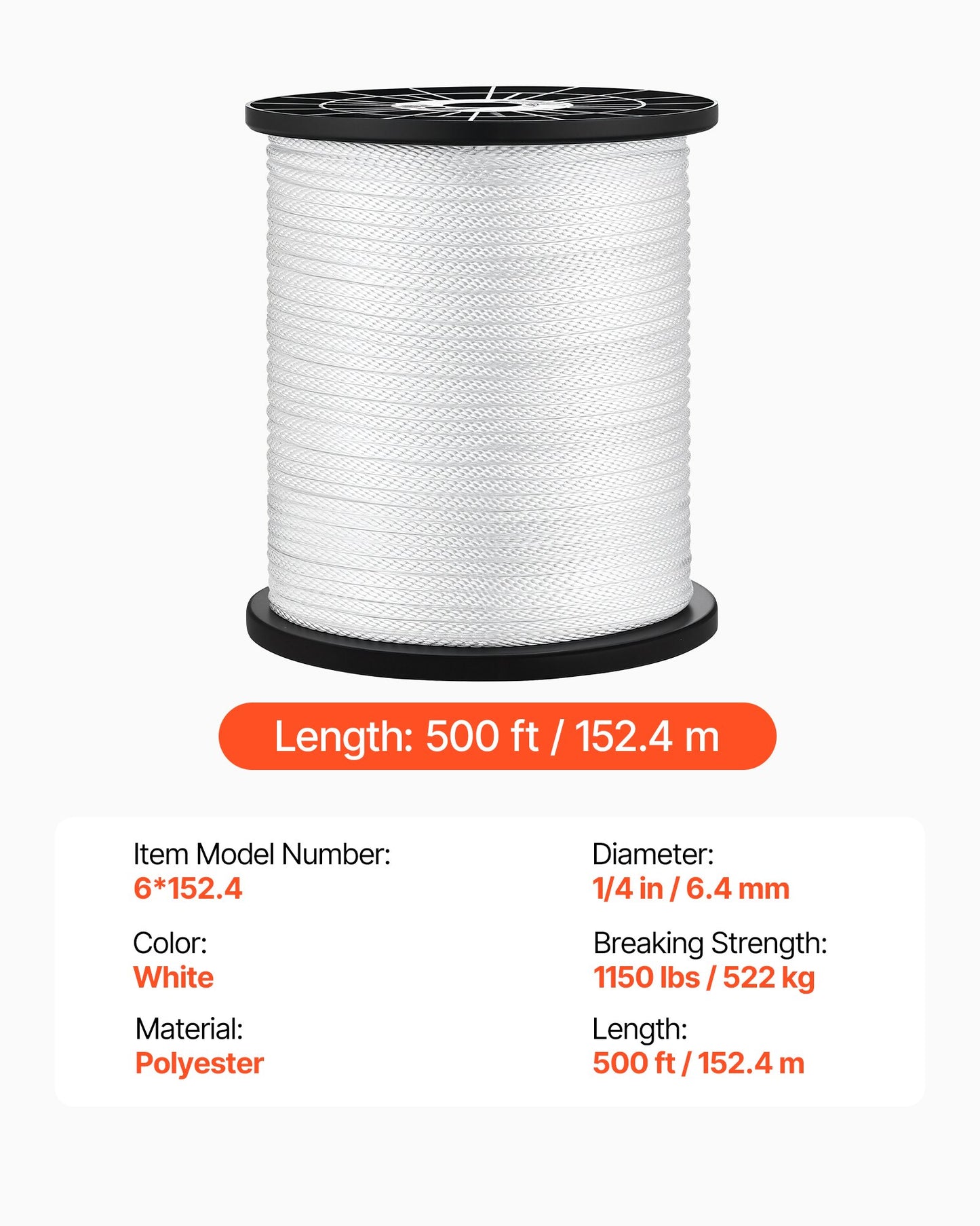 Polyester Rope 6.4 mm x 152 m Solid Braid Marine Utility Rope White, for Outdoor Boat Docking, 522 kg Breaking Strength, Heavy Duty Low Stretch Sun-Resistant Industrial Cord, Smooth Surface