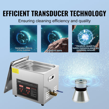 10L Ultrasonic Jewelry Cleaner with Digital Timer & Heater, Stainless Steel