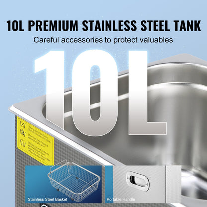 10L Ultrasonic Jewelry Cleaner with Digital Timer & Heater, Stainless Steel