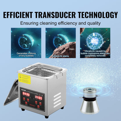 Stainless Steel Ultrasonic Cleaner with Digital Timer & Heater, 2L Capacity