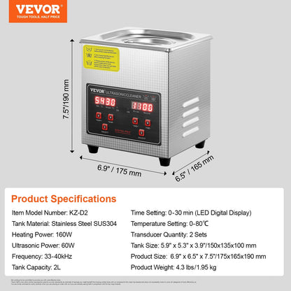 Stainless Steel Ultrasonic Cleaner with Digital Timer & Heater, 2L Capacity