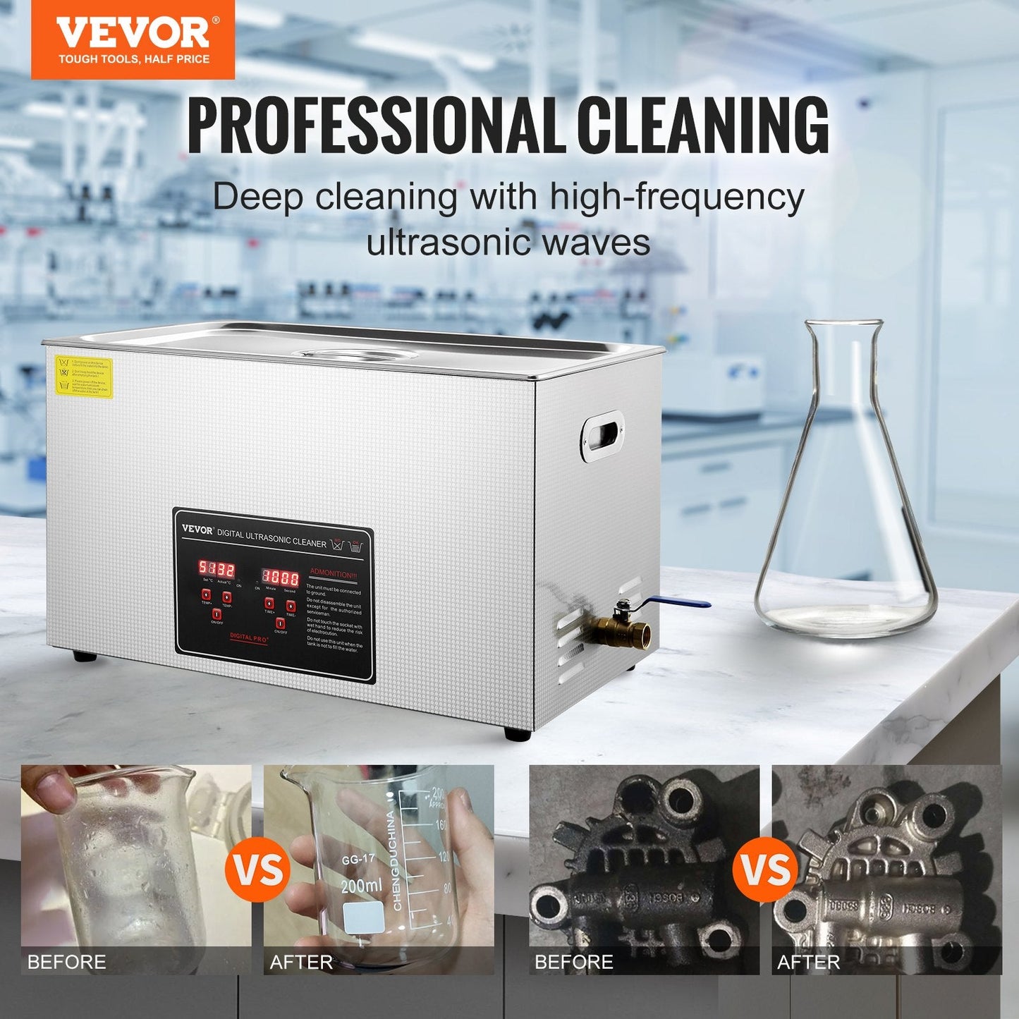 30L Ultrasonic Cleaner with Timer & Heater, Stainless Steel, Digital Control