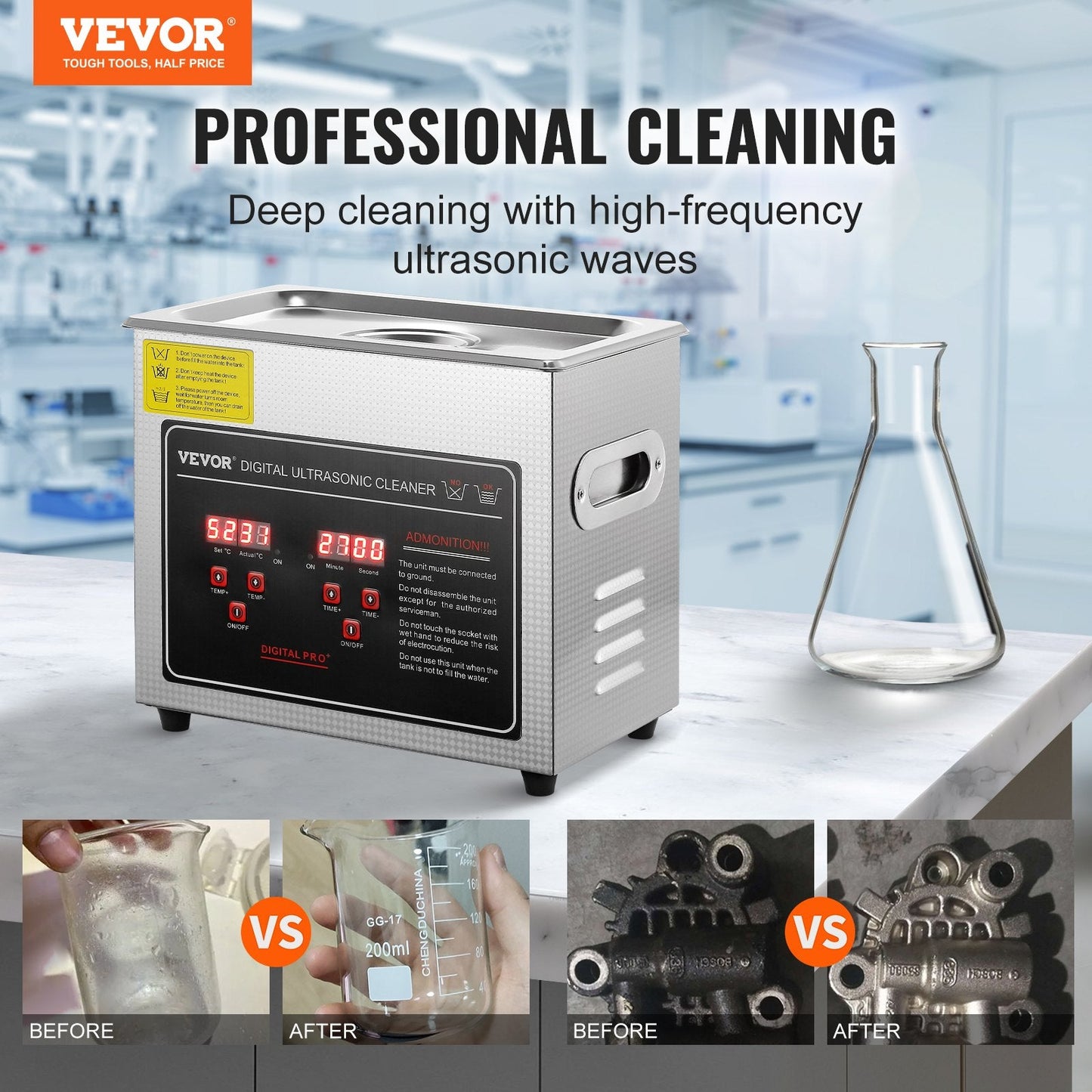 Professional Ultrasonic Jewelry Cleaner with Heater and Digital Timer, 3L Capacity