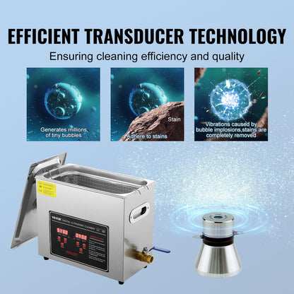 Professional 6L Ultrasonic Jewelry Cleaner with Digital Timer and Heater, Stainless Steel