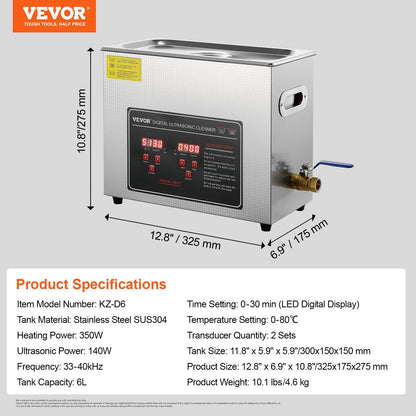 Professional 6L Ultrasonic Jewelry Cleaner with Digital Timer and Heater, Stainless Steel