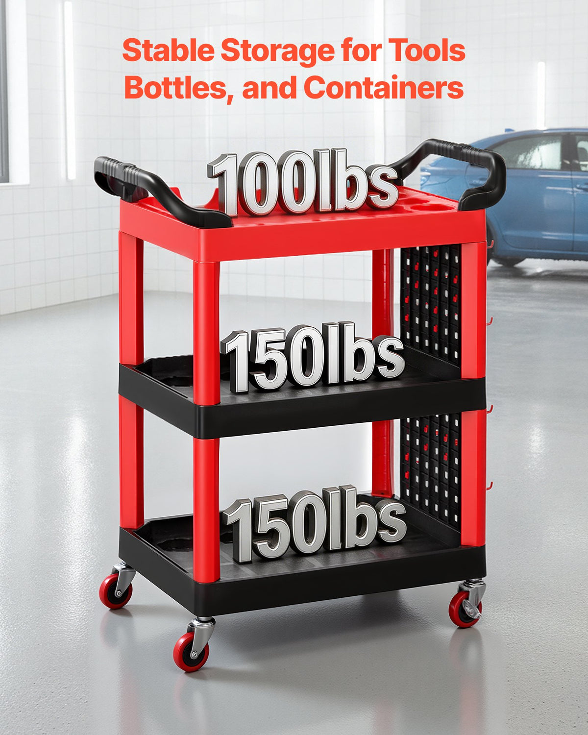 Utility Cart, 136 kg Capacity, 3 Tier Service Cart with 360° Swivel Wheels (2 with Brakes), Heavy Duty Plastic Rolling with Trays and Pegboards, Tool Storage for Garage, Warehouse & Repair Shop