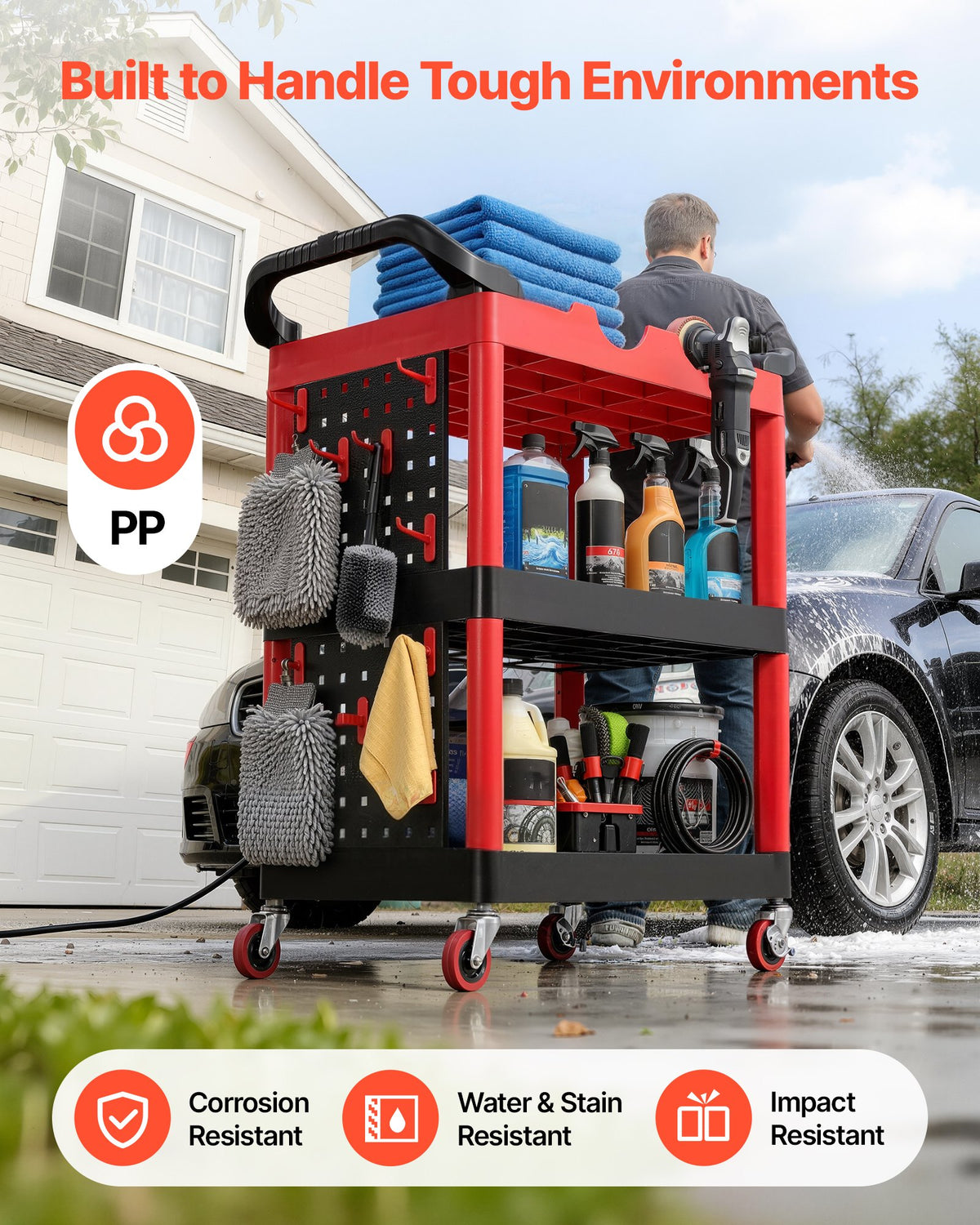 Utility Cart, 136 kg Capacity, 3 Tier Service Cart with 360° Swivel Wheels (2 with Brakes), Heavy Duty Plastic Rolling with Trays and Pegboards, Tool Storage for Garage, Warehouse & Repair Shop