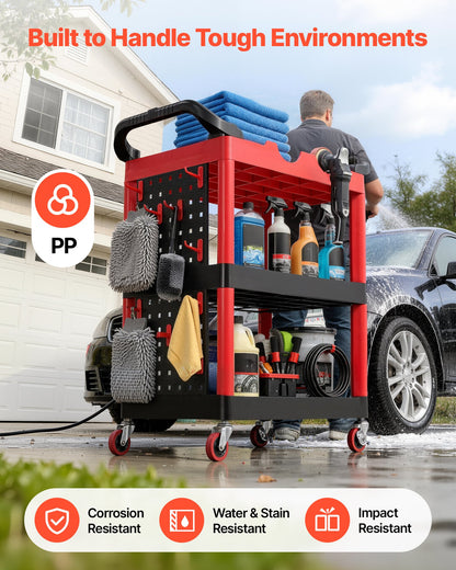 Utility Cart, 136 kg Capacity, 3 Tier Service Cart with 360° Swivel Wheels (2 with Brakes), Heavy Duty Plastic Rolling with Trays and Pegboards, Tool Storage for Garage, Warehouse & Repair Shop