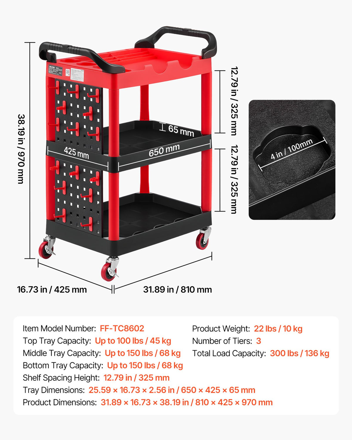 Utility Cart, 136 kg Capacity, 3 Tier Service Cart with 360° Swivel Wheels (2 with Brakes), Heavy Duty Plastic Rolling with Trays and Pegboards, Tool Storage for Garage, Warehouse & Repair Shop