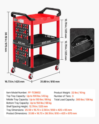 Utility Cart, 136 kg Capacity, 3 Tier Service Cart with 360° Swivel Wheels (2 with Brakes), Heavy Duty Plastic Rolling with Trays and Pegboards, Tool Storage for Garage, Warehouse & Repair Shop