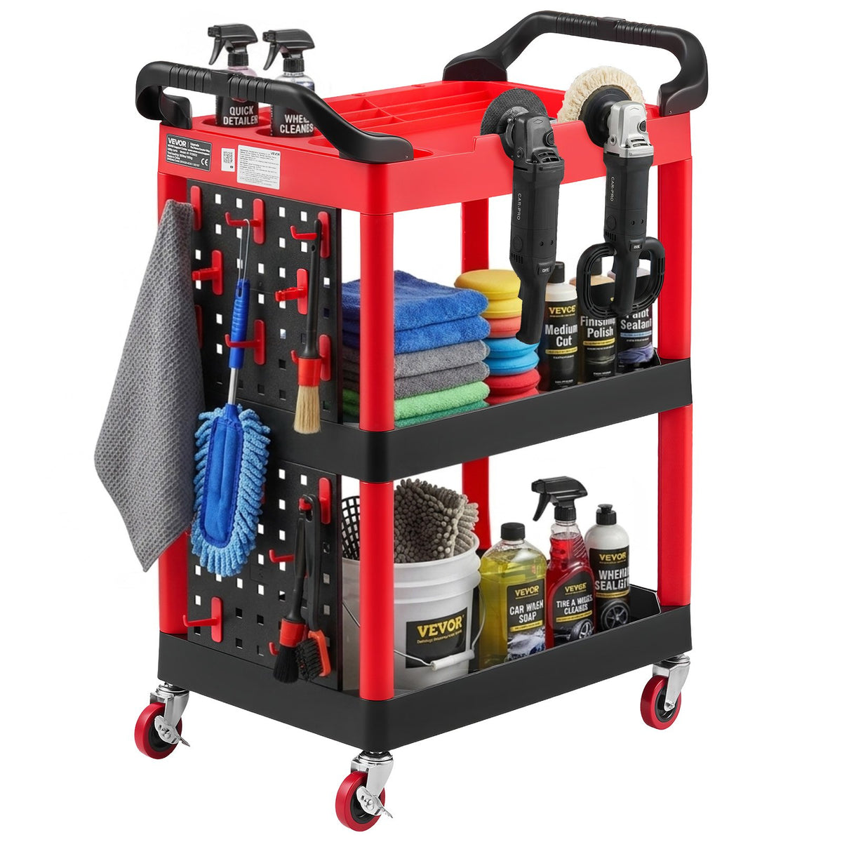 Utility Cart, 136 kg Capacity, 3 Tier Service Cart with 360° Swivel Wheels (2 with Brakes), Heavy Duty Plastic Rolling with Trays and Pegboards, Tool Storage for Garage, Warehouse & Repair Shop