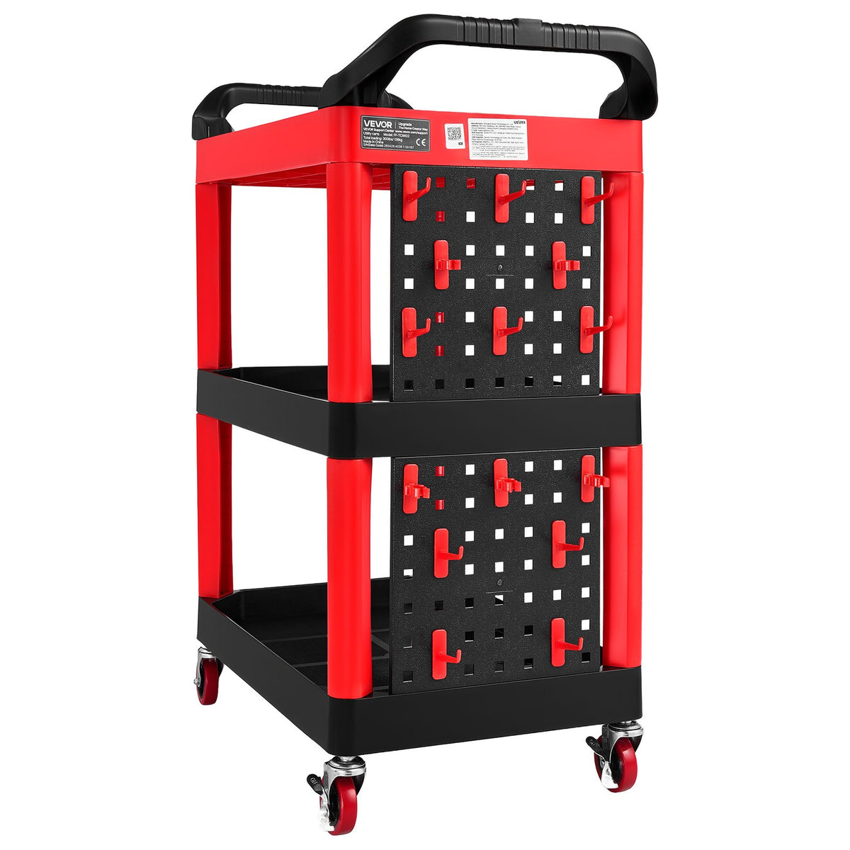 Utility Cart, 136 kg Capacity, 3 Tier Service Cart with 360° Swivel Wheels (2 with Brakes), Heavy Duty Plastic Rolling with Trays and Pegboards, Tool Storage for Garage, Warehouse & Repair Shop