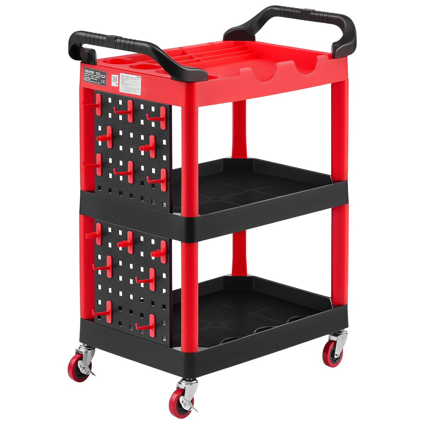 Utility Cart, 136 kg Capacity, 3 Tier Service Cart with 360° Swivel Wheels (2 with Brakes), Heavy Duty Plastic Rolling with Trays and Pegboards, Tool Storage for Garage, Warehouse & Repair Shop