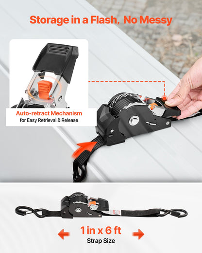 Retractable Ratchet Straps, 25.4 mm x 1.8 m, Tie Down Straps with S Hooks, 544 kg Break Strength, 4 Soft Loops, Tie Down Ratcheting for Moving, Trailers, Motorcycles, Kayaks, Car Roof, 4 Pack