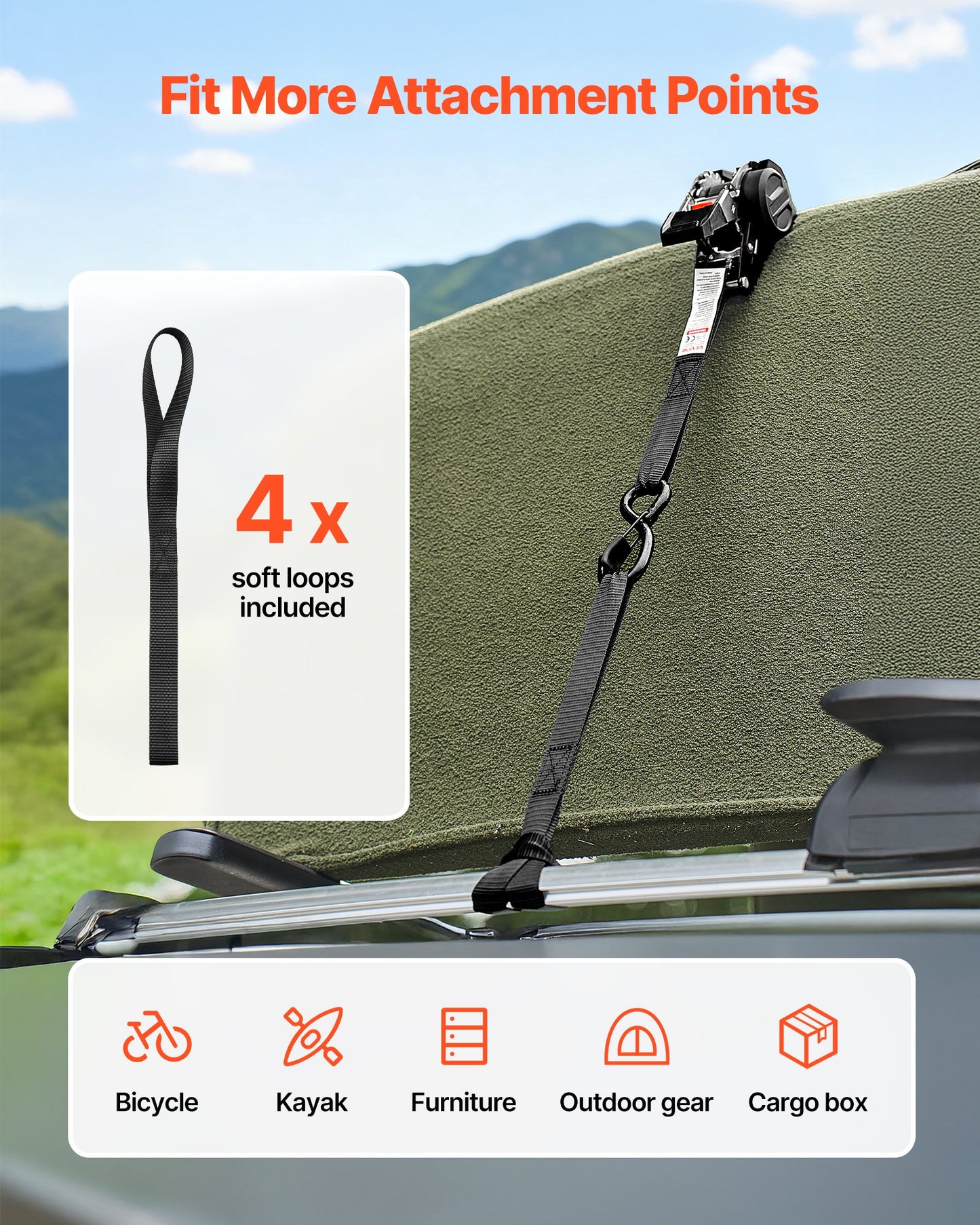 Retractable Ratchet Straps, 25.4 mm x 1.8 m, Tie Down Straps with S Hooks, 544 kg Break Strength, 4 Soft Loops, Tie Down Ratcheting for Moving, Trailers, Motorcycles, Kayaks, Car Roof, 4 Pack