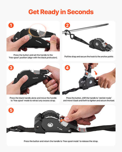Retractable Ratchet Straps, 25.4 mm x 1.8 m, Tie Down Straps with S Hooks, 544 kg Break Strength, 4 Soft Loops, Tie Down Ratcheting for Moving, Trailers, Motorcycles, Kayaks, Car Roof, 4 Pack