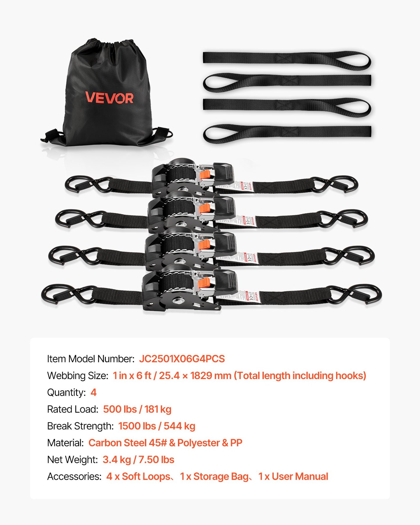 Retractable Ratchet Straps, 25.4 mm x 1.8 m, Tie Down Straps with S Hooks, 544 kg Break Strength, 4 Soft Loops, Tie Down Ratcheting for Moving, Trailers, Motorcycles, Kayaks, Car Roof, 4 Pack