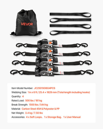 Retractable Ratchet Straps, 25.4 mm x 1.8 m, Tie Down Straps with S Hooks, 544 kg Break Strength, 4 Soft Loops, Tie Down Ratcheting for Moving, Trailers, Motorcycles, Kayaks, Car Roof, 4 Pack