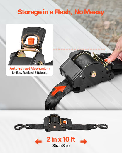 Retractable Ratchet Straps, 50.8 mm x 3 m, Tie Down Straps with S Hooks, 1375 kg Break Strength, 2 Soft Loops, Tie Down Ratcheting for Moving, Trailers, Motorcycles, Kayaks, Car Roof, 2 Pack