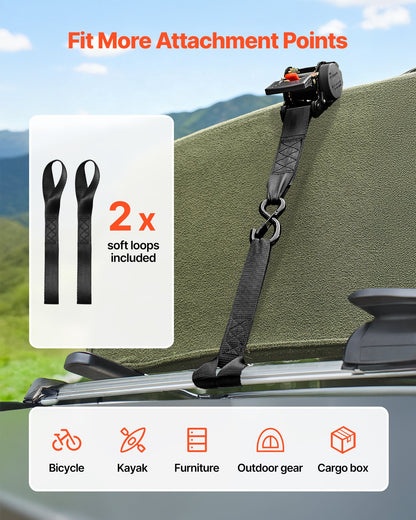 Retractable Ratchet Straps, 50.8 mm x 3 m, Tie Down Straps with S Hooks, 1375 kg Break Strength, 2 Soft Loops, Tie Down Ratcheting for Moving, Trailers, Motorcycles, Kayaks, Car Roof, 2 Pack