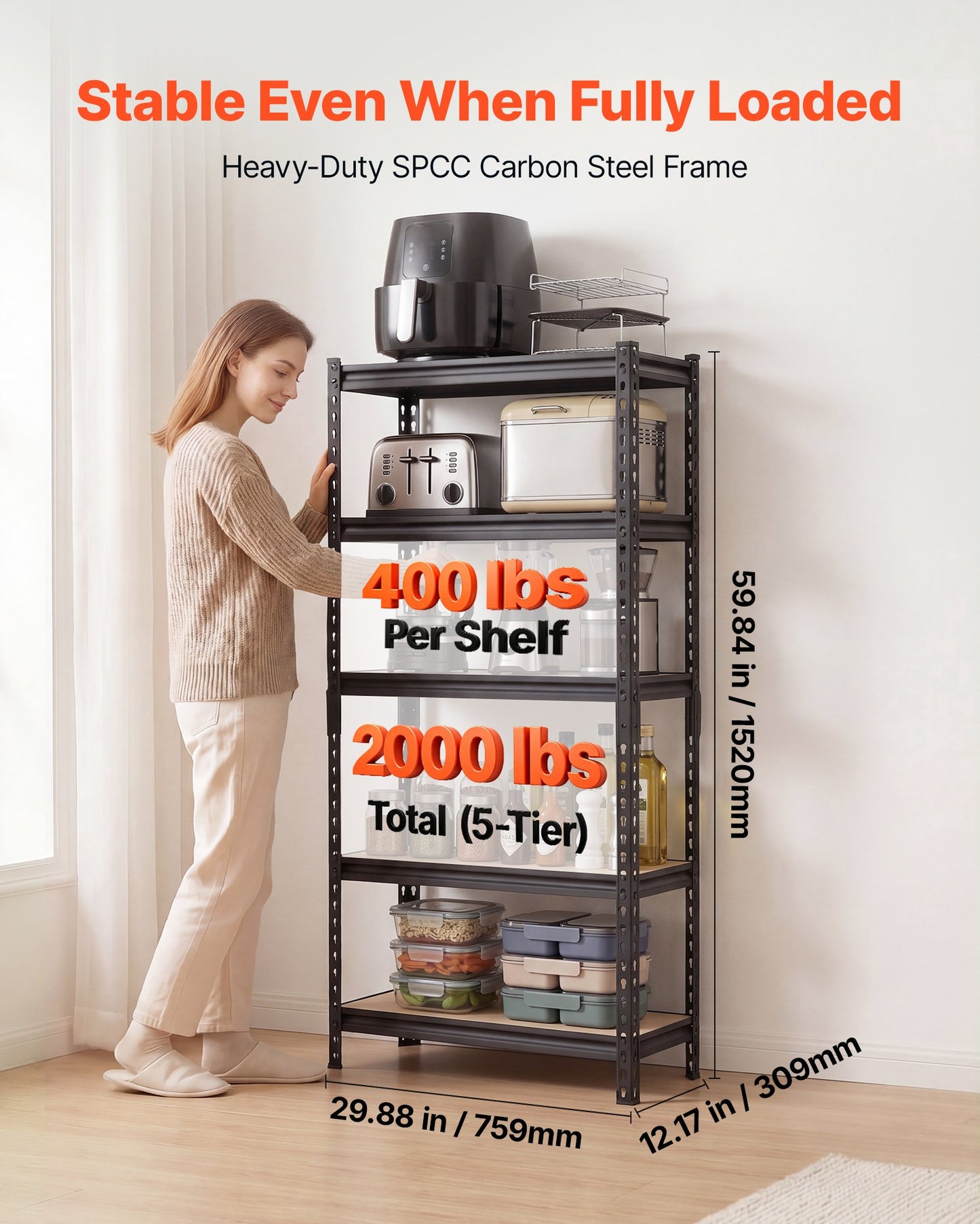 Storage Shelves, 5-Tier Adjustable, 907.2 kg Capacity, Heavy Duty Garage Storage Shelving Unit, Metal Utility Rack Shelf, for Kitchen Pantry Basement Bathroom, 759 mm W x 309 mm D x 1520 mm H