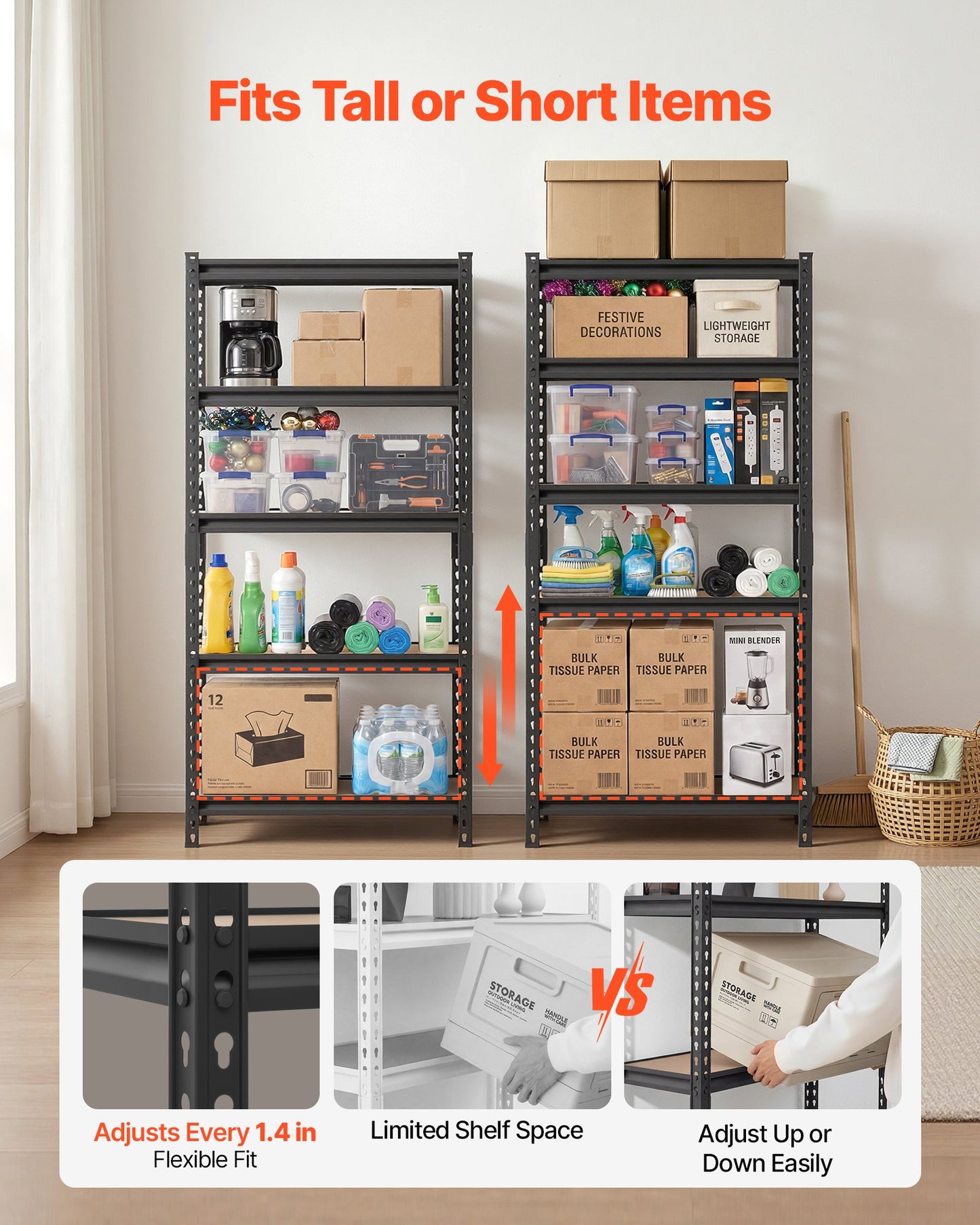Storage Shelves, 5-Tier Adjustable, 907.2 kg Capacity, Heavy Duty Garage Storage Shelving Unit, Metal Utility Rack Shelf, for Kitchen Pantry Basement Bathroom, 759 mm W x 309 mm D x 1520 mm H