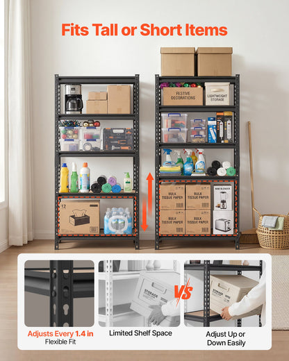 Storage Shelves, 5-Tier Adjustable, 907.2 kg Capacity, Heavy Duty Garage Storage Shelving Unit, Metal Utility Rack Shelf, for Kitchen Pantry Basement Bathroom, 759 mm W x 309 mm D x 1520 mm H