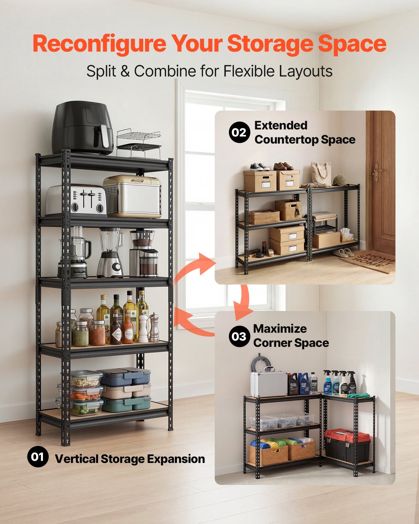 Storage Shelves, 5-Tier Adjustable, 907.2 kg Capacity, Heavy Duty Garage Storage Shelving Unit, Metal Utility Rack Shelf, for Kitchen Pantry Basement Bathroom, 759 mm W x 309 mm D x 1520 mm H