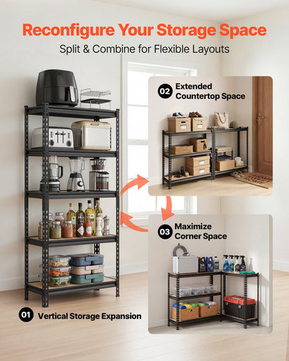Storage Shelves, 5-Tier Adjustable, 907.2 kg Capacity, Heavy Duty Garage Storage Shelving Unit, Metal Utility Rack Shelf, for Kitchen Pantry Basement Bathroom, 759 mm W x 309 mm D x 1520 mm H