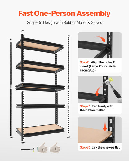 Storage Shelves, 5-Tier Adjustable, 907.2 kg Capacity, Heavy Duty Garage Storage Shelving Unit, Metal Utility Rack Shelf, for Kitchen Pantry Basement Bathroom, 759 mm W x 309 mm D x 1520 mm H