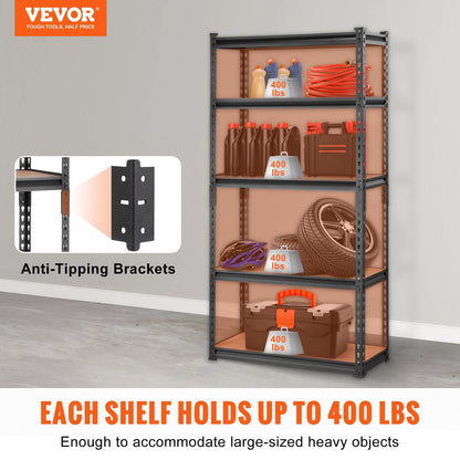 5-Tier Heavy Duty Metal Shelving Unit, Adjustable, 907 kg Capacity, Black
