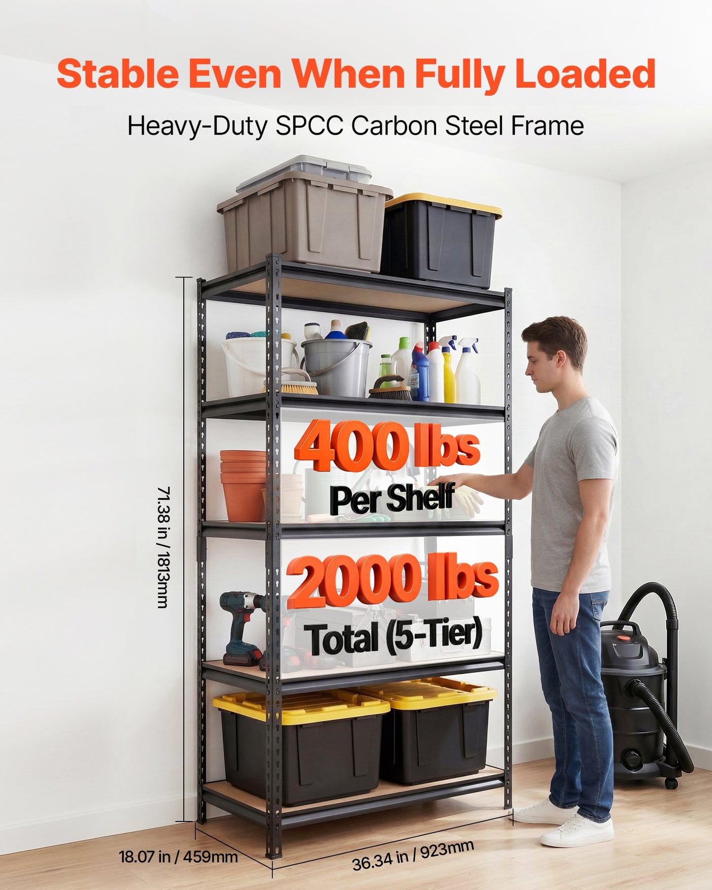 Storage Shelves, 5-Tier Adjustable, 907.2 kg Capacity, Heavy Duty Garage Storage Shelving Unit, Metal Utility Rack Shelf, for Garage Warehouse Basement Kitchen, 923 mm W x 459 mm D x 1813 mm H
