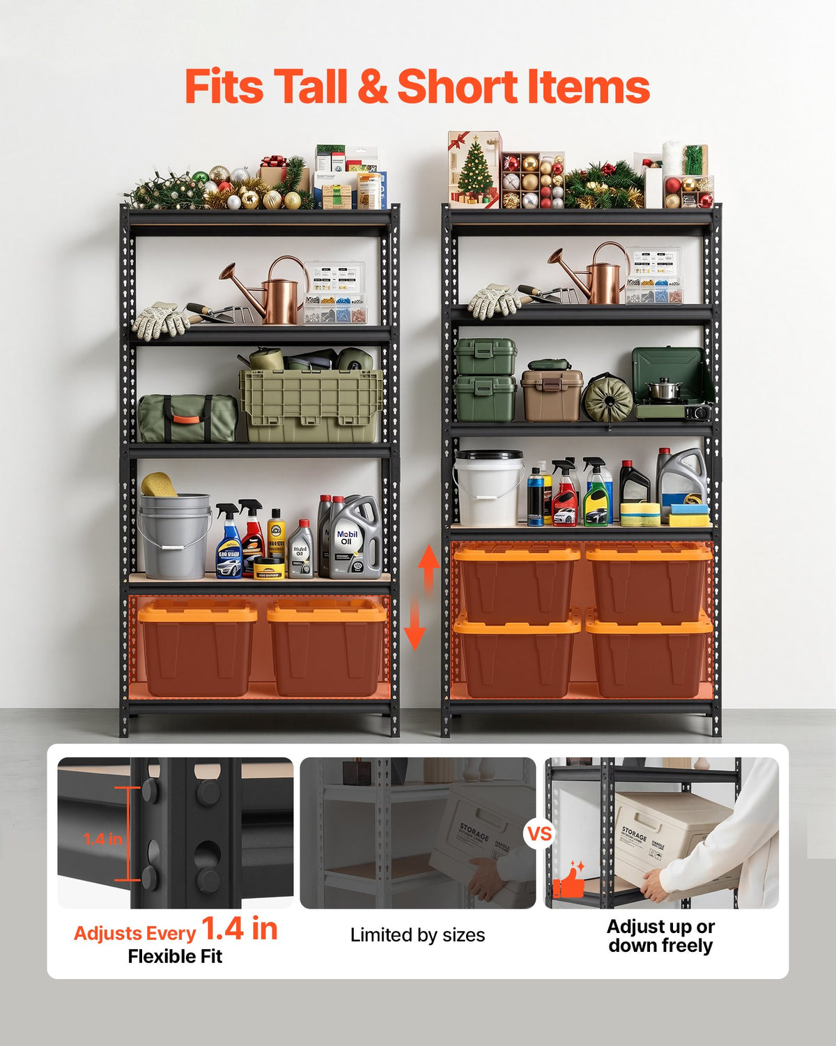 Storage Shelves, 5-Tier Adjustable, 907.2 kg Capacity, Heavy Duty Garage Storage Shelving Unit, Metal Utility Rack Shelf, for Garage Warehouse Basement Kitchen, 923 mm W x 459 mm D x 1813 mm H