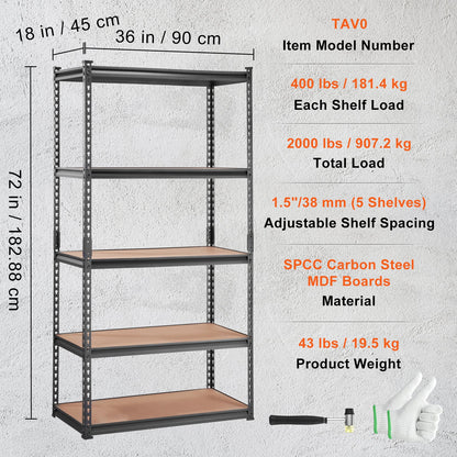 VEVOR Storage Shelving Unit, 5-Tier Adjustable, 907 kg Capacity, Heavy Duty Garage