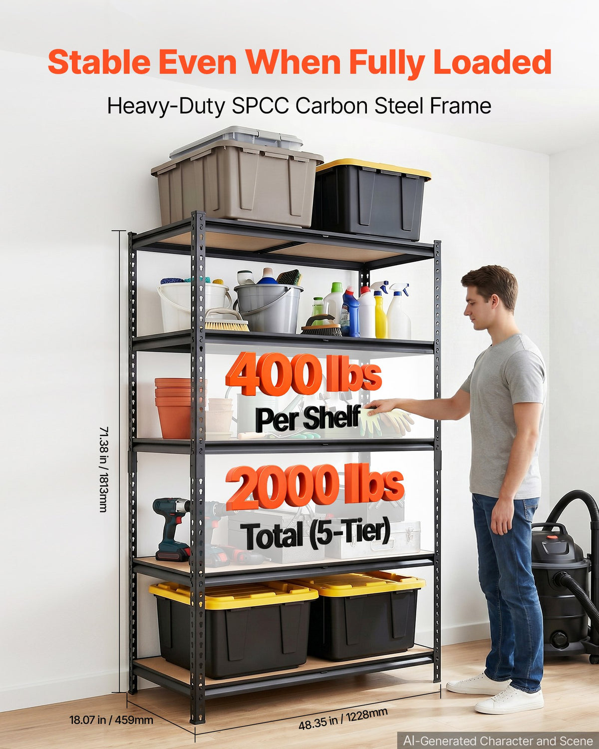 Storage Shelves, 5-Tier Adjustable, 907.2 kg Capacity, Heavy Duty Garage Storage Shelving Unit, Metal Utility Rack Shelf, for Garage Warehouse Basement Kitchen, 1228 mm W x 459 mm D x 1813 mm H