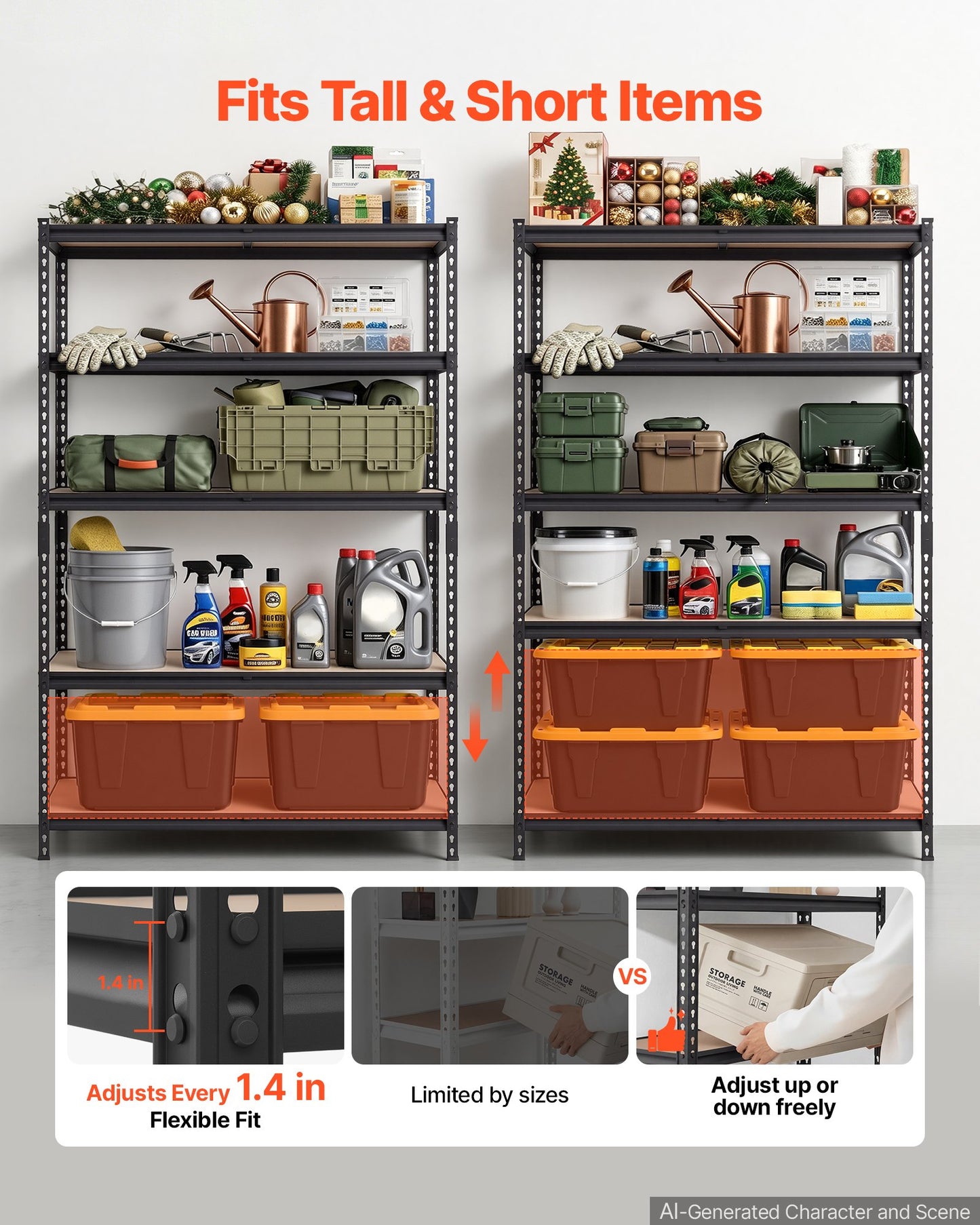 Storage Shelves, 5-Tier Adjustable, 907.2 kg Capacity, Heavy Duty Garage Storage Shelving Unit, Metal Utility Rack Shelf, for Garage Warehouse Basement Kitchen, 1228 mm W x 459 mm D x 1813 mm H