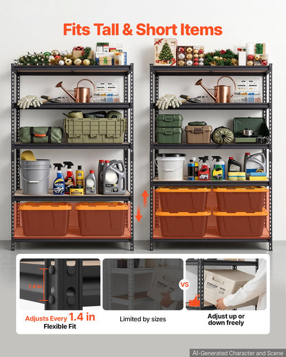 Storage Shelves, 5-Tier Adjustable, 907.2 kg Capacity, Heavy Duty Garage Storage Shelving Unit, Metal Utility Rack Shelf, for Garage Warehouse Basement Kitchen, 1228 mm W x 459 mm D x 1813 mm H
