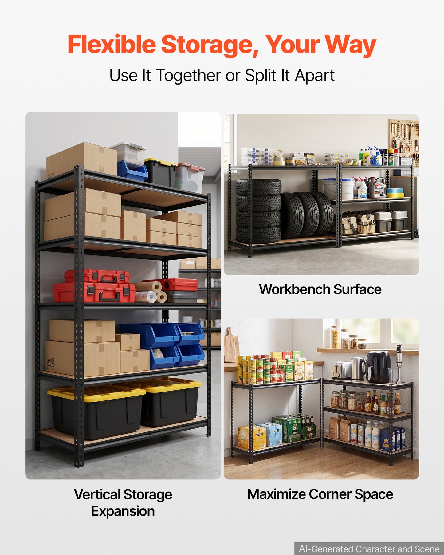 Storage Shelves, 5-Tier Adjustable, 907.2 kg Capacity, Heavy Duty Garage Storage Shelving Unit, Metal Utility Rack Shelf, for Garage Warehouse Basement Kitchen, 1228 mm W x 459 mm D x 1813 mm H