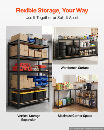 Storage Shelves, 5-Tier Adjustable, 907.2 kg Capacity, Heavy Duty Garage Storage Shelving Unit, Metal Utility Rack Shelf, for Garage Warehouse Basement Kitchen, 1228 mm W x 459 mm D x 1813 mm H