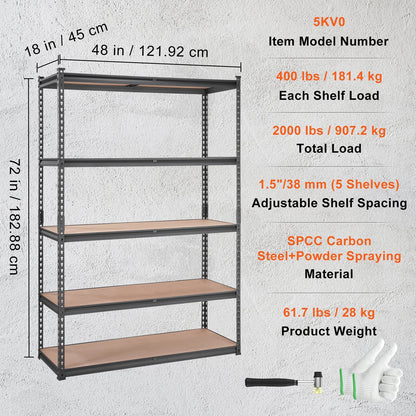 Heavy Duty 5-Tier Metal Shelving Unit, 907 kg Capacity, Adjustable for Garage