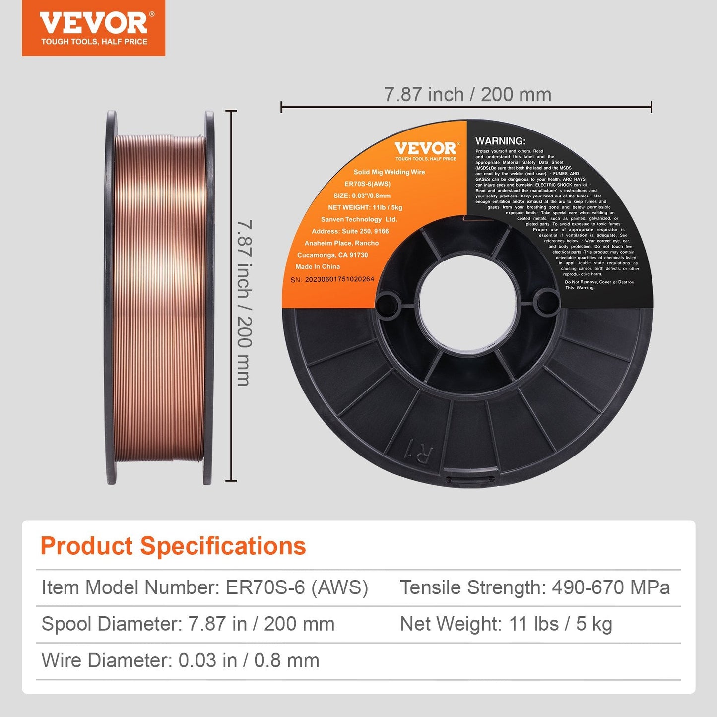 Solid MIG Welding Wire, ER70S-6 0.8mm, 5kg, Low Splatter, All-Position Use