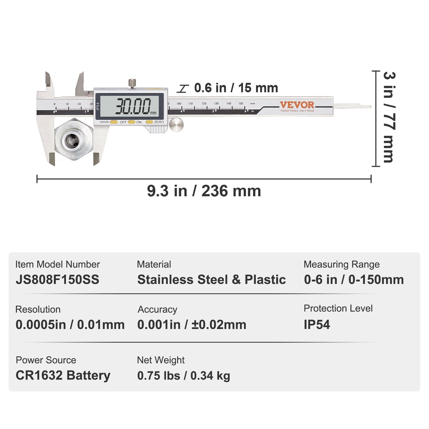 VEVOR 6”150mm Digital Caliper LCD Electronic Vernier Micrometer Measuring Ruler