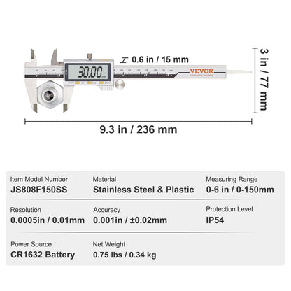 VEVOR 6”150mm Digital Caliper LCD Electronic Vernier Micrometer Measuring Ruler