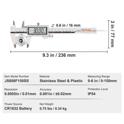 150mm Digital Caliper with LCD Display - High Precision Vernier Micrometer
