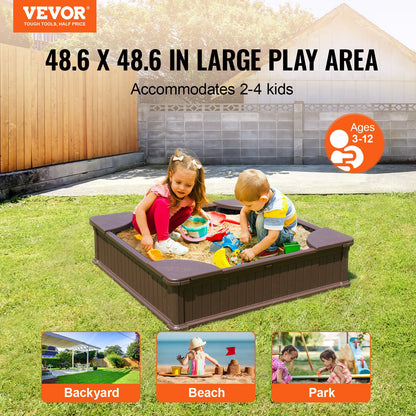 VEVOR Sandbox with Cover, 48.6x48.6x12.4 in Square Sand Box, HDPE Sand Pit with