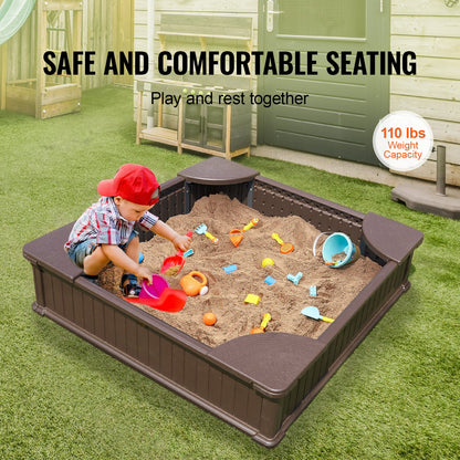 VEVOR Sandbox with Cover, 48.6x48.6x12.4 in Square Sand Box, HDPE Sand Pit with